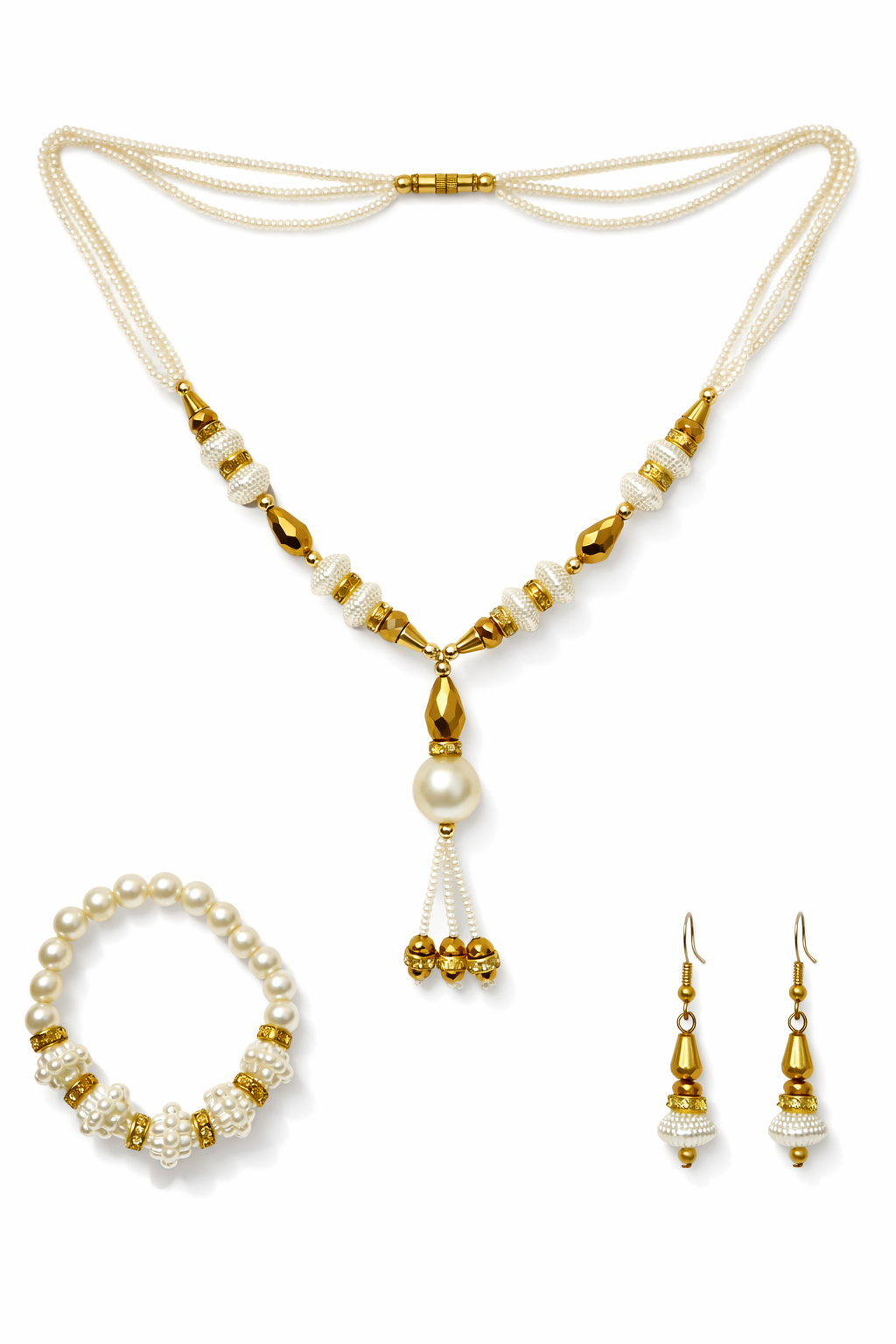 Gold-Plated Pearl Necklace Set with Earrings & Bracelet