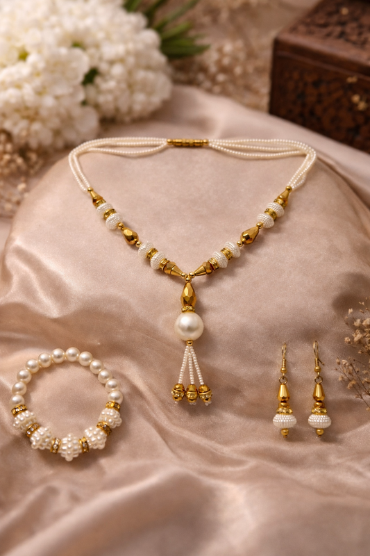 Gold-Plated Pearl Necklace Set with Earrings & Bracelet
