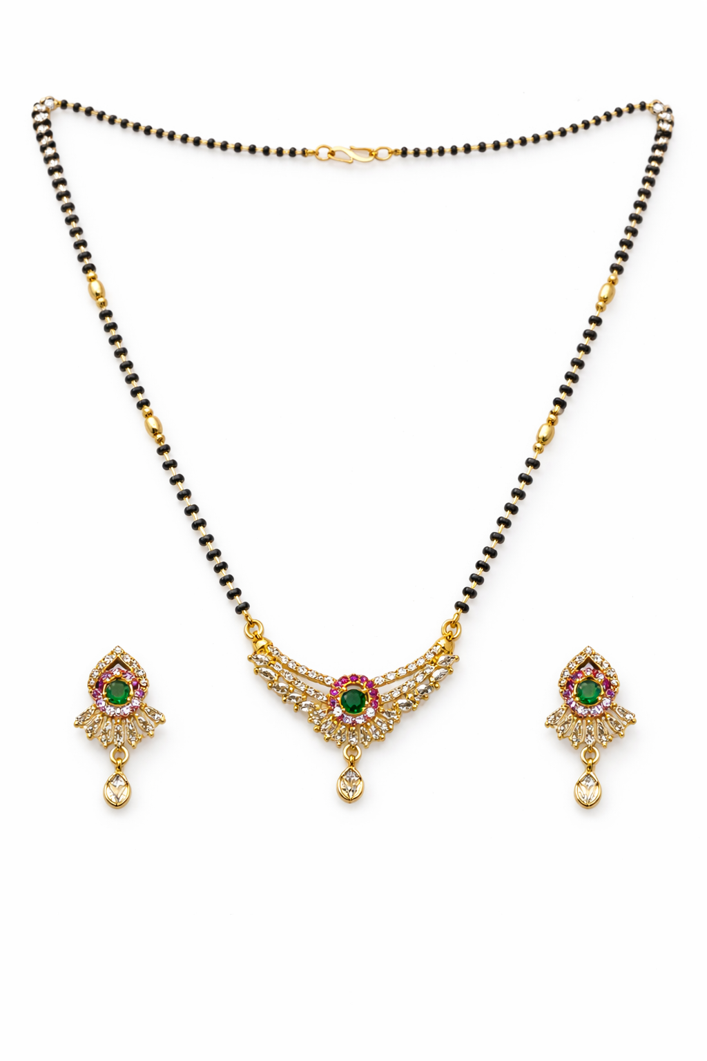 Gold-Plated Green Stone AD Mangalsutra Necklace Set with Earrings