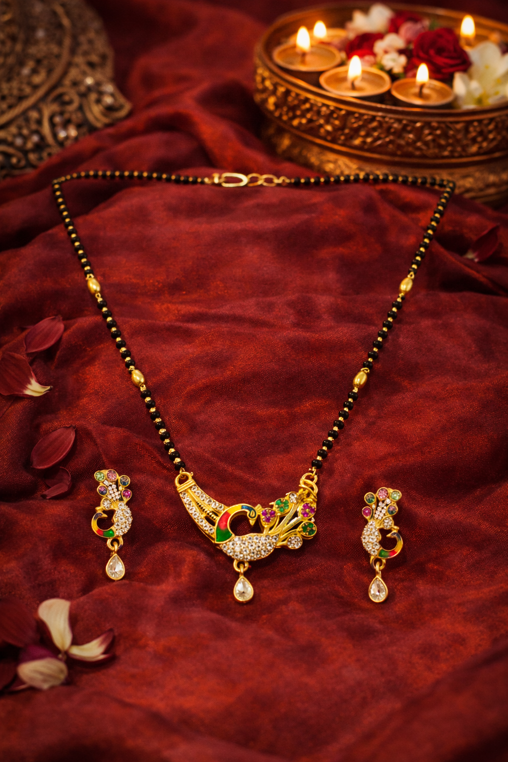 Gold-Plated Multicolor Peacock Design AD Mangalsutra Necklace Set with Earrings