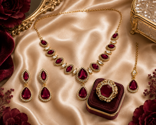 Gold-Plated Deep Wine Stone Necklace Set with Earrings, Maang Tikka & Ring