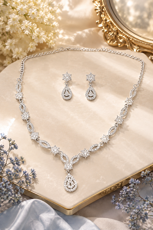 Silver Crystal Teardrop Necklace Set for Women