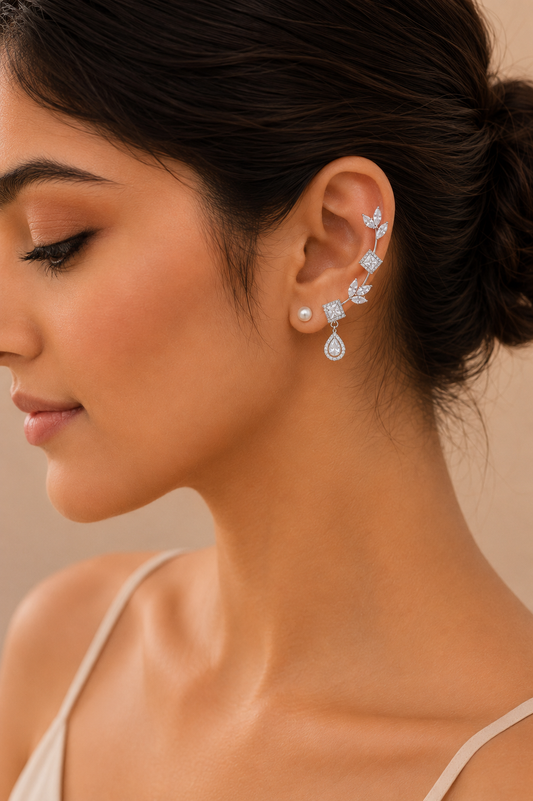 Silver Crystal Ear Cuff Earrings for Women