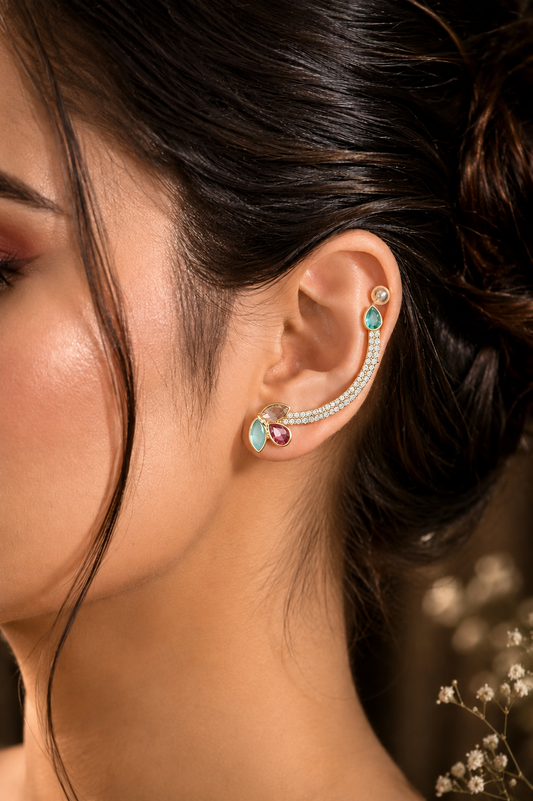 Gold Multicolor Crystal Ear Cuff Earrings for Women