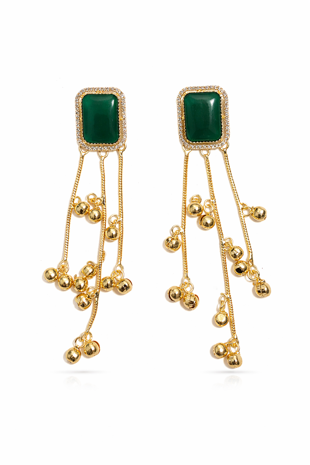 Gold-Plated Green Stone Tassel Drop Earrings with Dangling Beads
