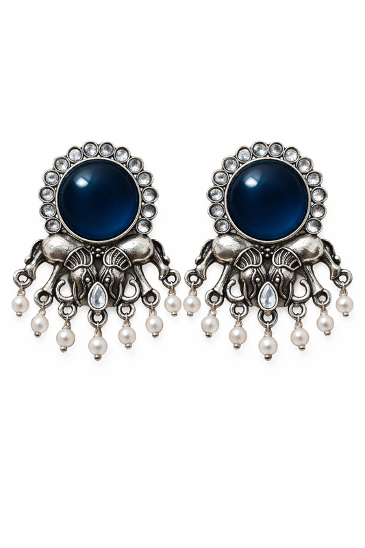 Oxidised Elephant Pearl Drop Earrings with Blue Stone