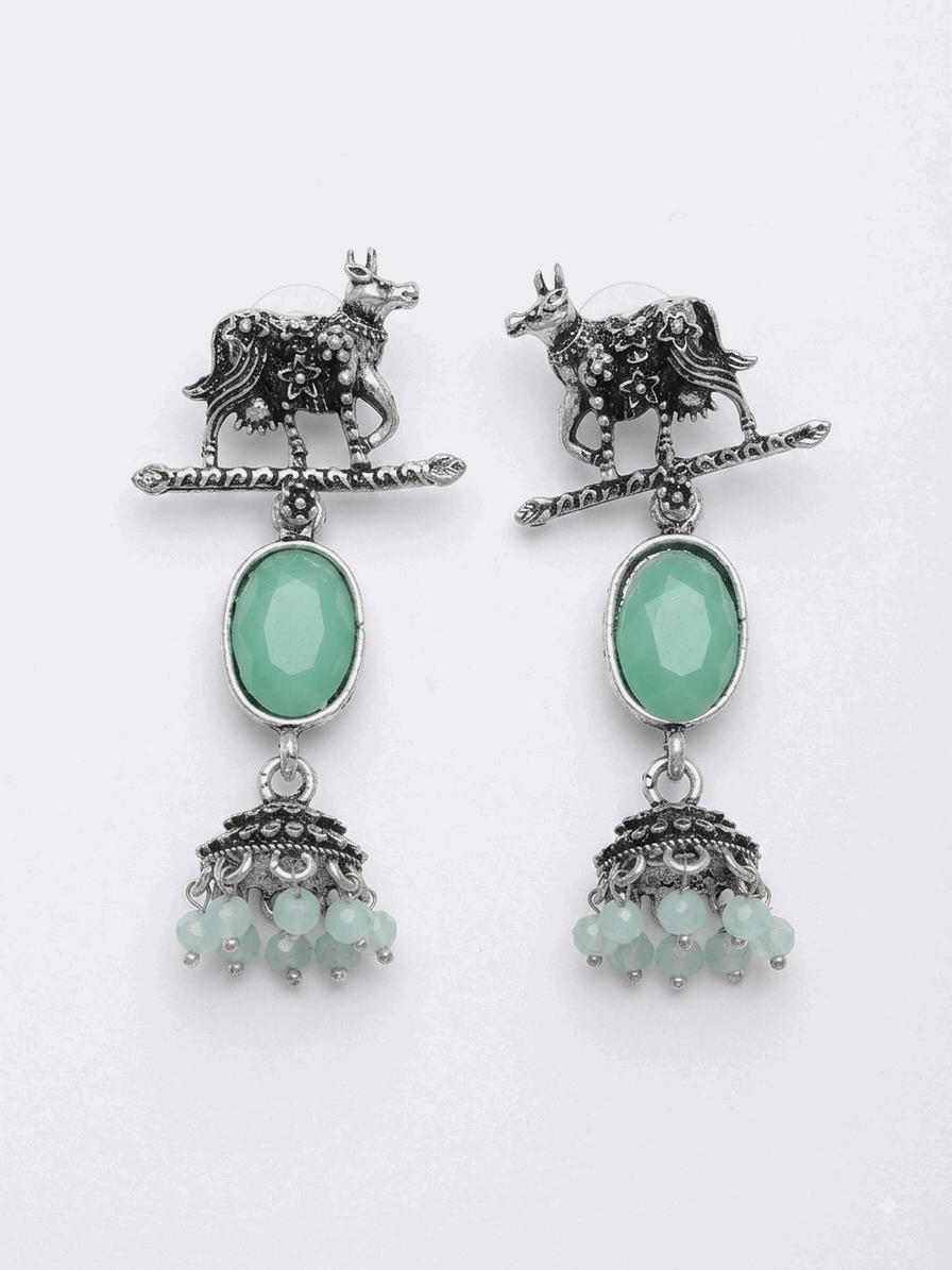 Oxidised Silver Cow Motif Turquoise Oval Stone Jhumka Earrings for Women