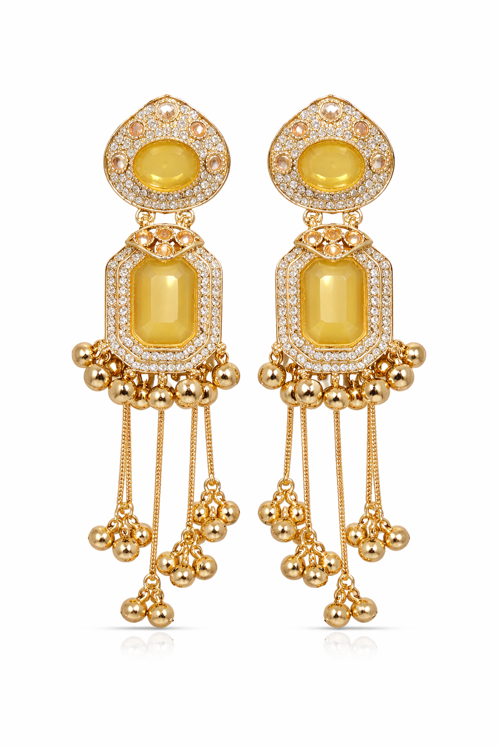 Gold-Plated Yellow Stone Chandelier Drop Earrings with Beaded Tassels