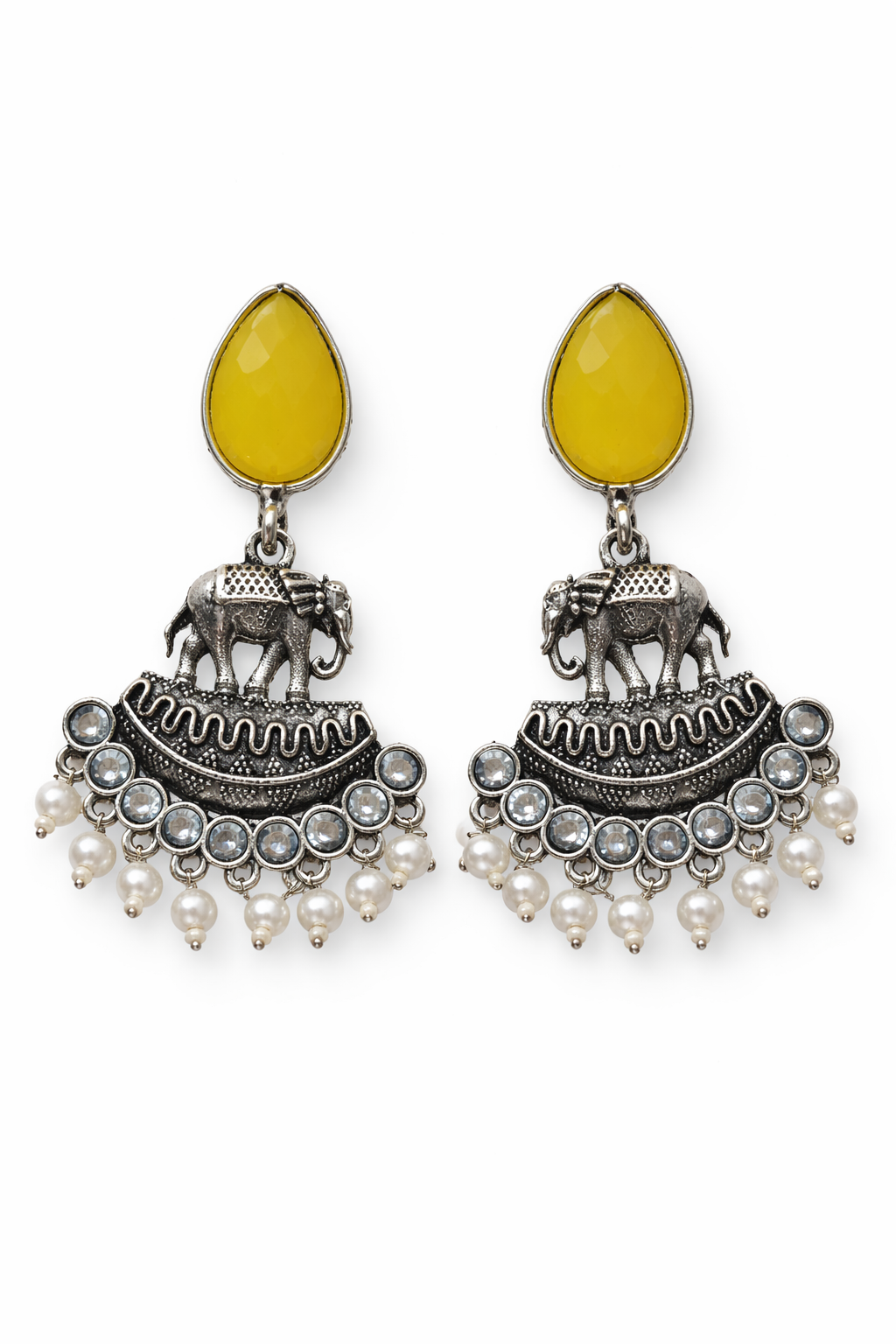 Oxidised Elephant Pearl Drop Earrings with Yellow Stone