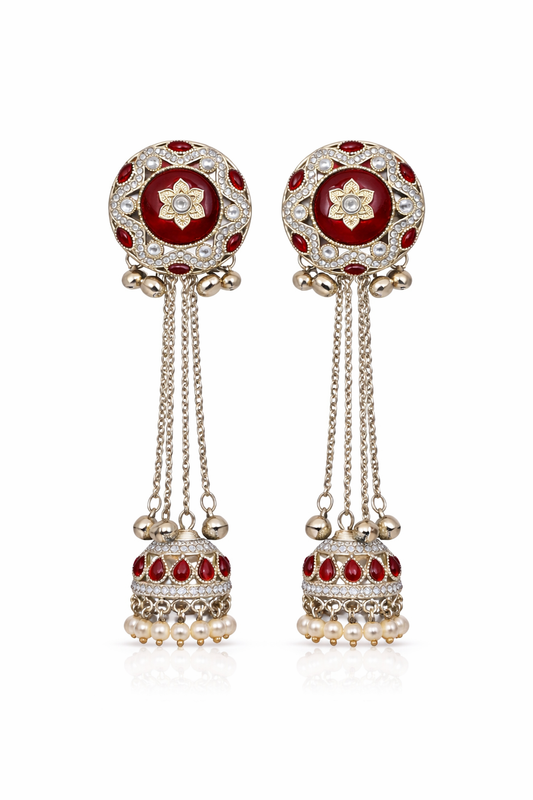Gold-Plated Red Stone Jhumka Drop Earrings with Pearl Dangling Beads