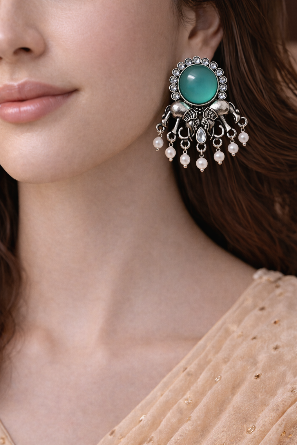 Oxidised Elephant Pearl Drop Earrings with Teal Stone