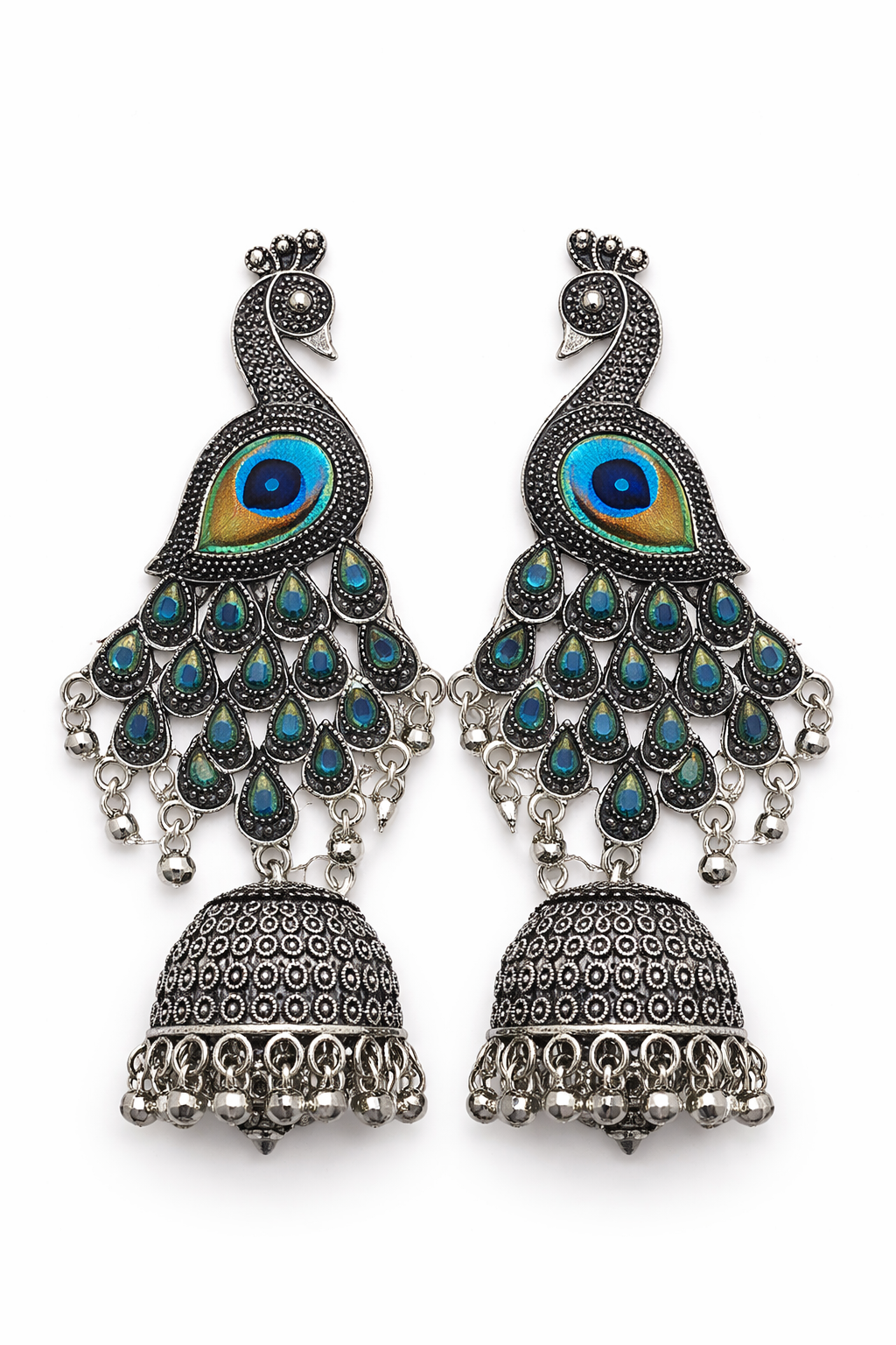 Oxidised Peacock Jhumka Earrings with Stone Work