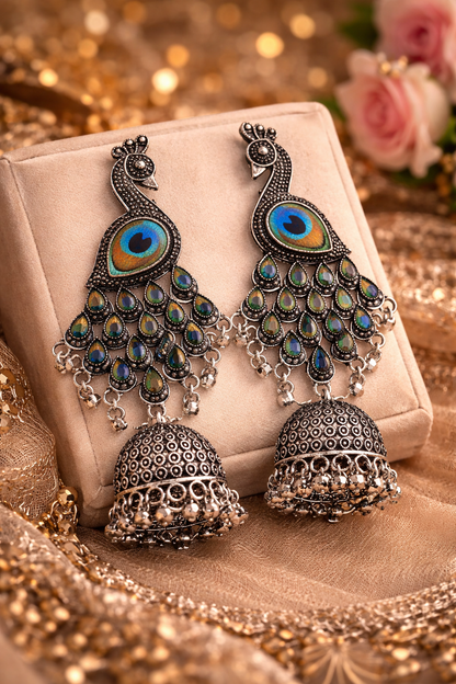 Oxidised Peacock Jhumka Earrings with Stone Work
