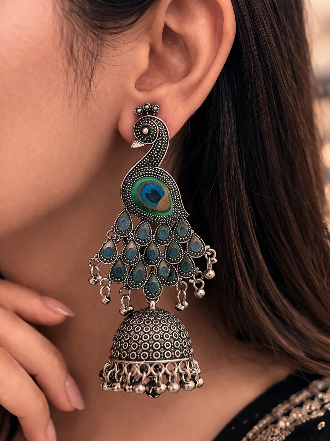 Oxidised Peacock Jhumka Earrings with Stone Work