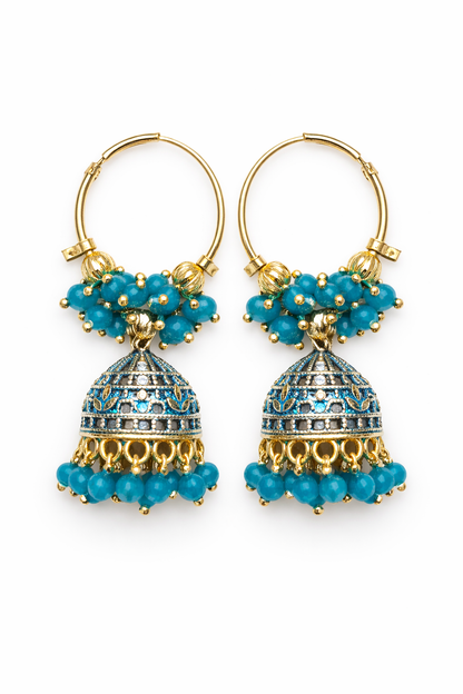 Blue Hoop Jhumka Earrings with Beads for Women