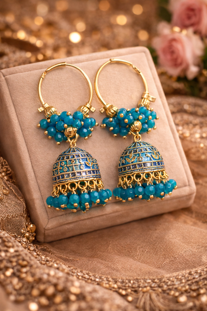 Blue Hoop Jhumka Earrings with Beads for Women