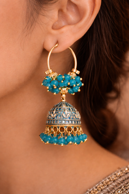 Blue Hoop Jhumka Earrings with Beads for Women