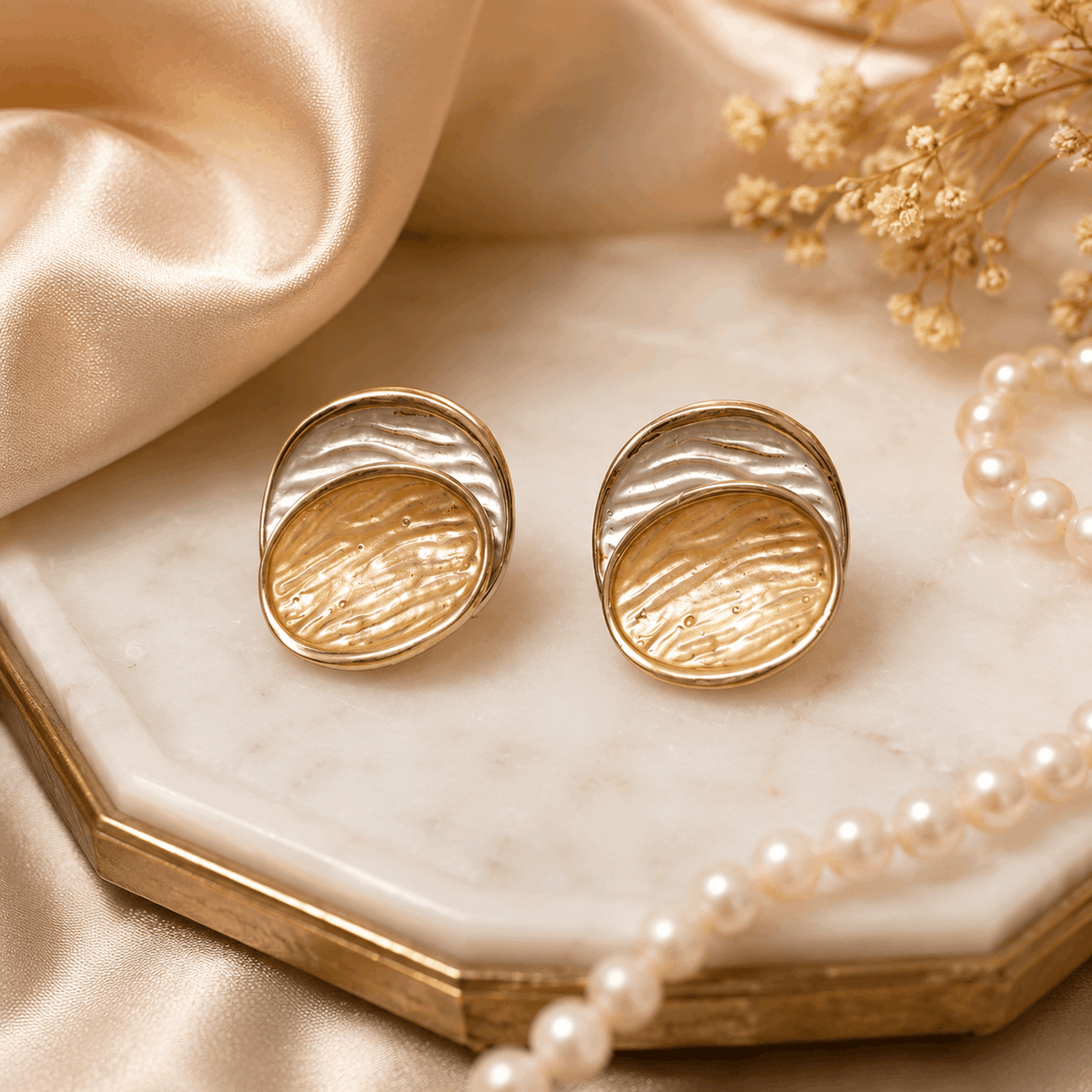 Two Tone Gold & Silver Textured Round Stud Earrings for Women