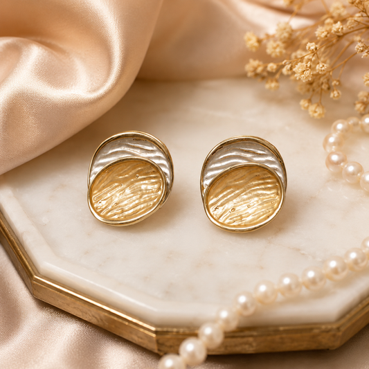 Two Tone Gold & Silver Textured Round Stud Earrings for Women
