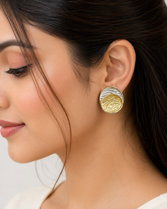Two Tone Gold & Silver Textured Round Stud Earrings for Women
