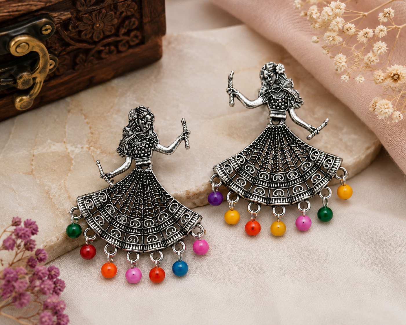 Oxidised Silver Dandiya Girl Earrings with Multicolor Beads for Women