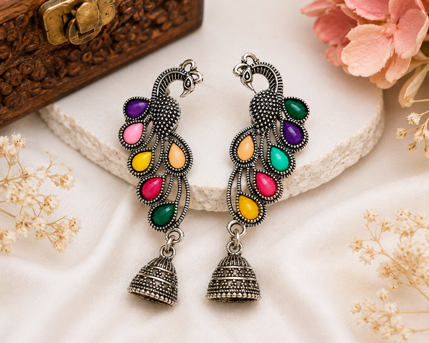 Oxidised Silver Peacock Jhumka Earrings with Multicolor Stones for Women