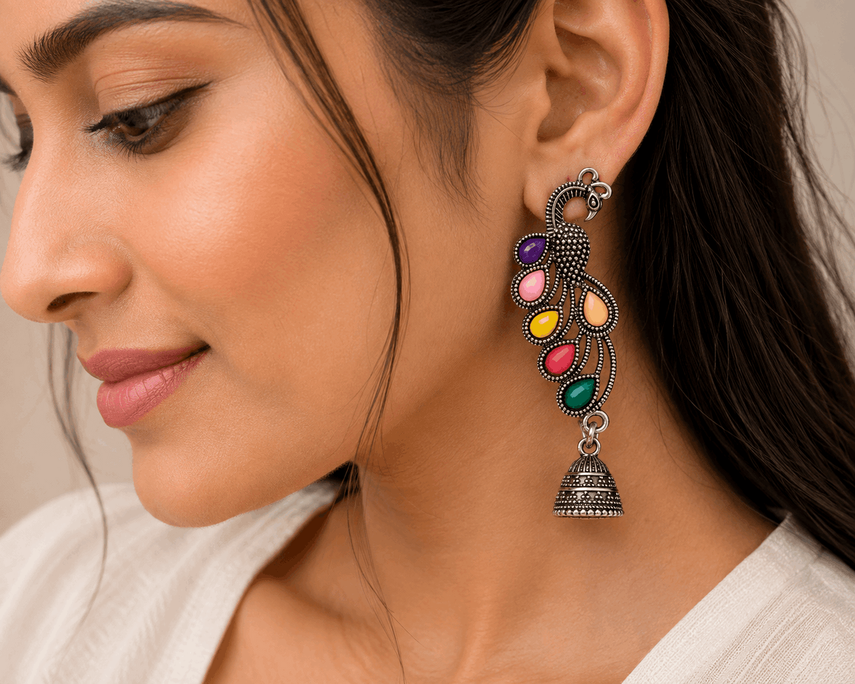 Oxidised Silver Peacock Jhumka Earrings with Multicolor Stones for Women