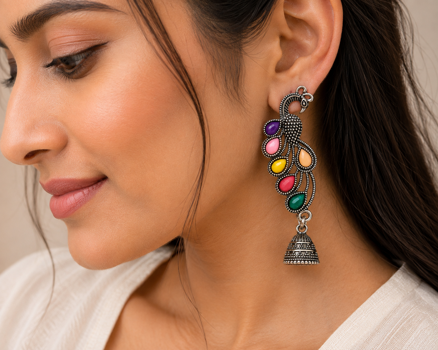 Oxidised Silver Peacock Jhumka Earrings with Multicolor Stones for Women