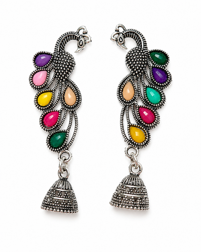 Oxidised Silver Peacock Jhumka Earrings with Multicolor Stones for Women