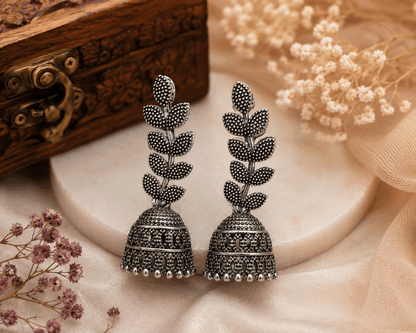 Oxidised Silver Leaf Jhumka Earrings for Women | Long Ethnic Statement Earrings