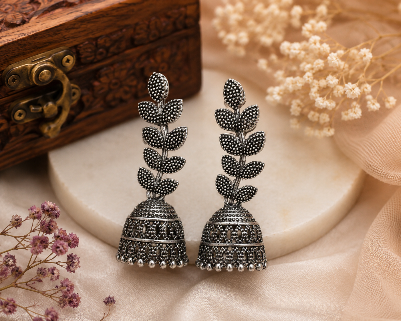 Oxidised Silver Leaf Jhumka Earrings for Women | Long Ethnic Statement Earrings