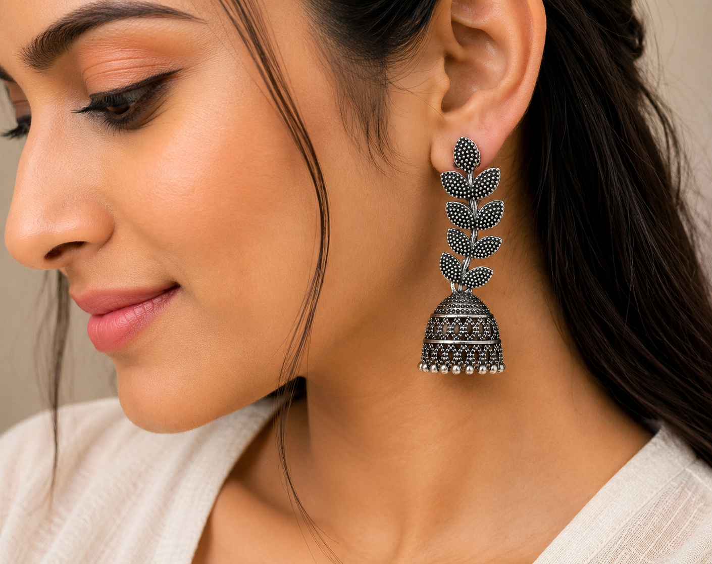 Oxidised Silver Leaf Jhumka Earrings for Women | Long Ethnic Statement Earrings