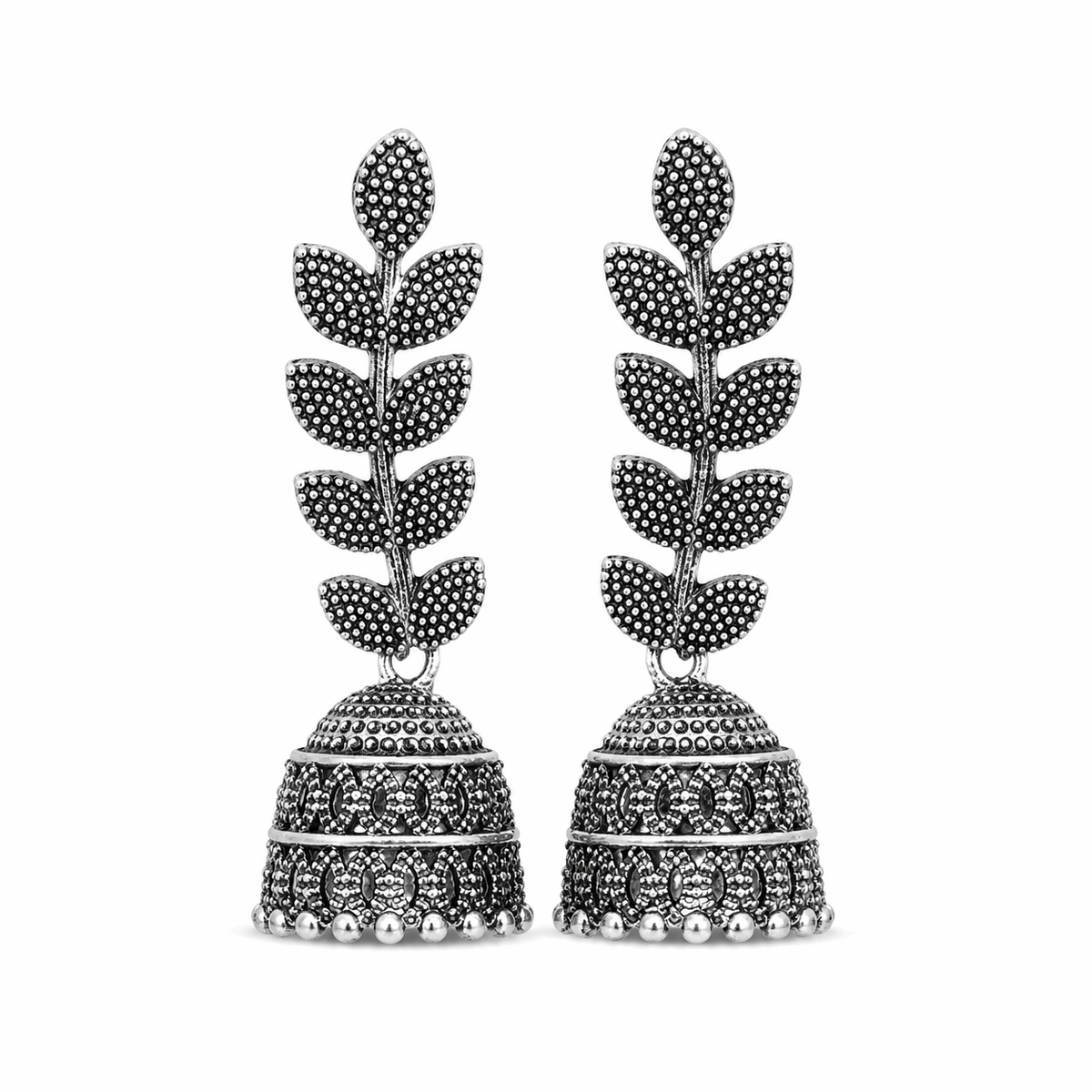 Oxidised Silver Leaf Jhumka Earrings for Women | Long Ethnic Statement Earrings
