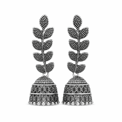 Oxidised Silver Leaf Jhumka Earrings for Women | Long Ethnic Statement Earrings