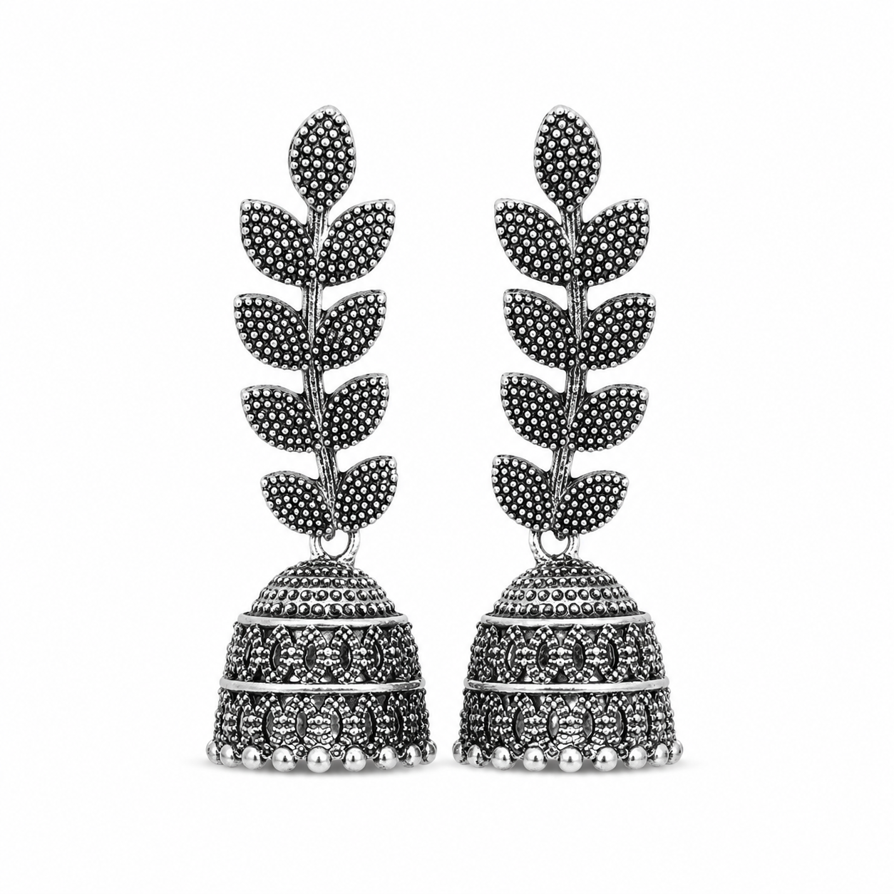 Oxidised Silver Leaf Jhumka Earrings for Women | Long Ethnic Statement Earrings