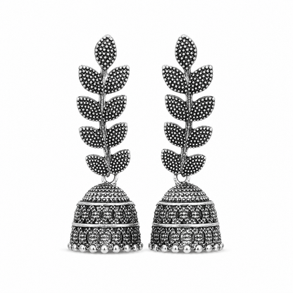 Oxidised Silver Leaf Jhumka Earrings for Women | Long Ethnic Statement Earrings