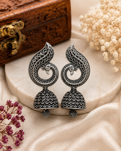Oxidised Silver Peacock Jhumka Earrings with bead for Women | Traditional Ethnic Statement Earrings