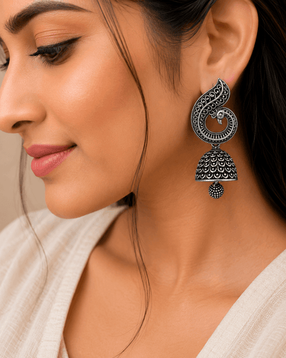 Oxidised Silver Peacock Jhumka Earrings with bead for Women | Traditional Ethnic Statement Earrings