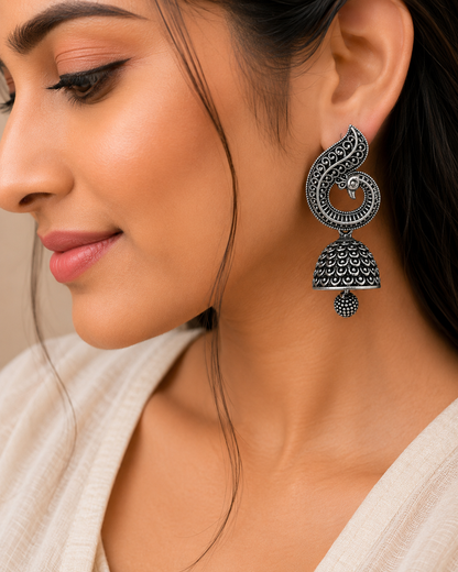 Oxidised Silver Peacock Jhumka Earrings with bead for Women | Traditional Ethnic Statement Earrings