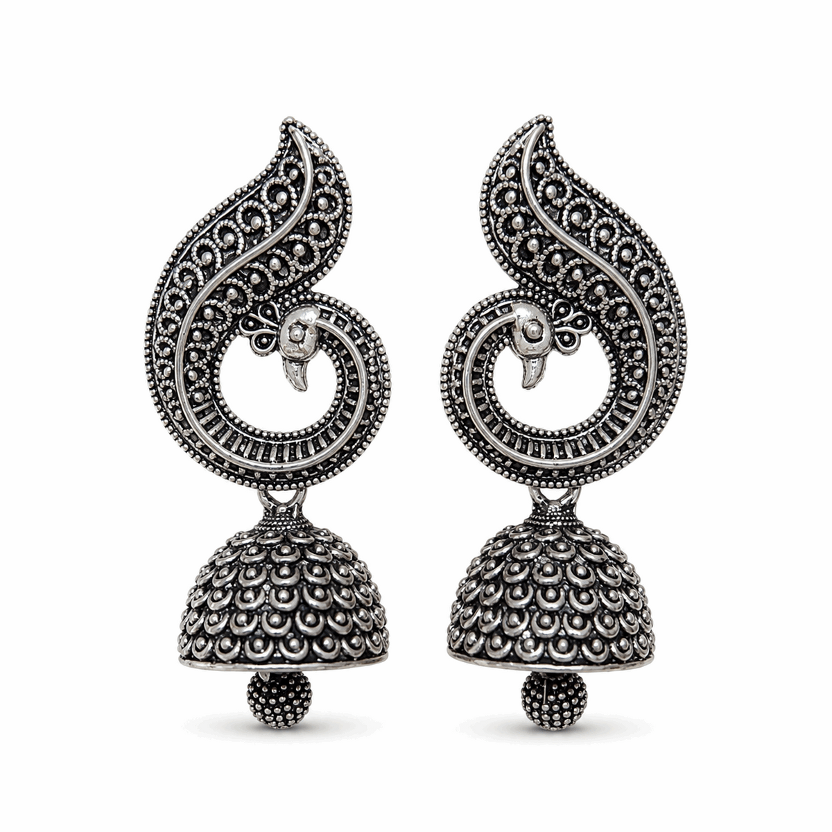 Oxidised Silver Peacock Jhumka Earrings with bead for Women | Traditional Ethnic Statement Earrings