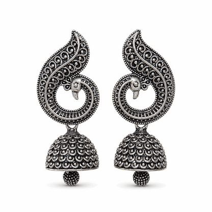 Oxidised Silver Peacock Jhumka Earrings with bead for Women | Traditional Ethnic Statement Earrings