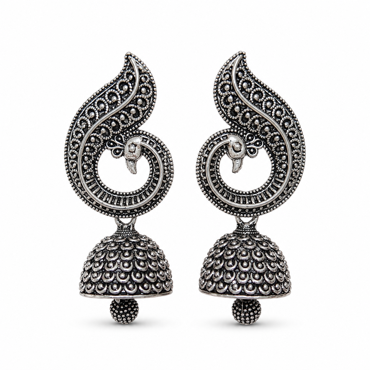 Oxidised Silver Peacock Jhumka Earrings with bead for Women | Traditional Ethnic Statement Earrings