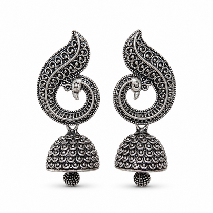 Oxidised Silver Peacock Jhumka Earrings with bead for Women | Traditional Ethnic Statement Earrings