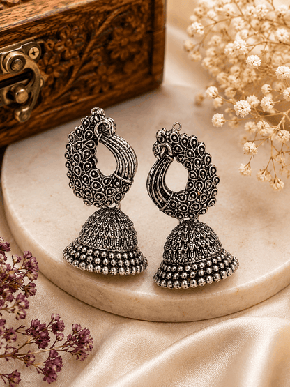 Oxidised Silver Peacock Feather Jhumka Earrings for Women | Traditional Ethnic Statement Earrings
