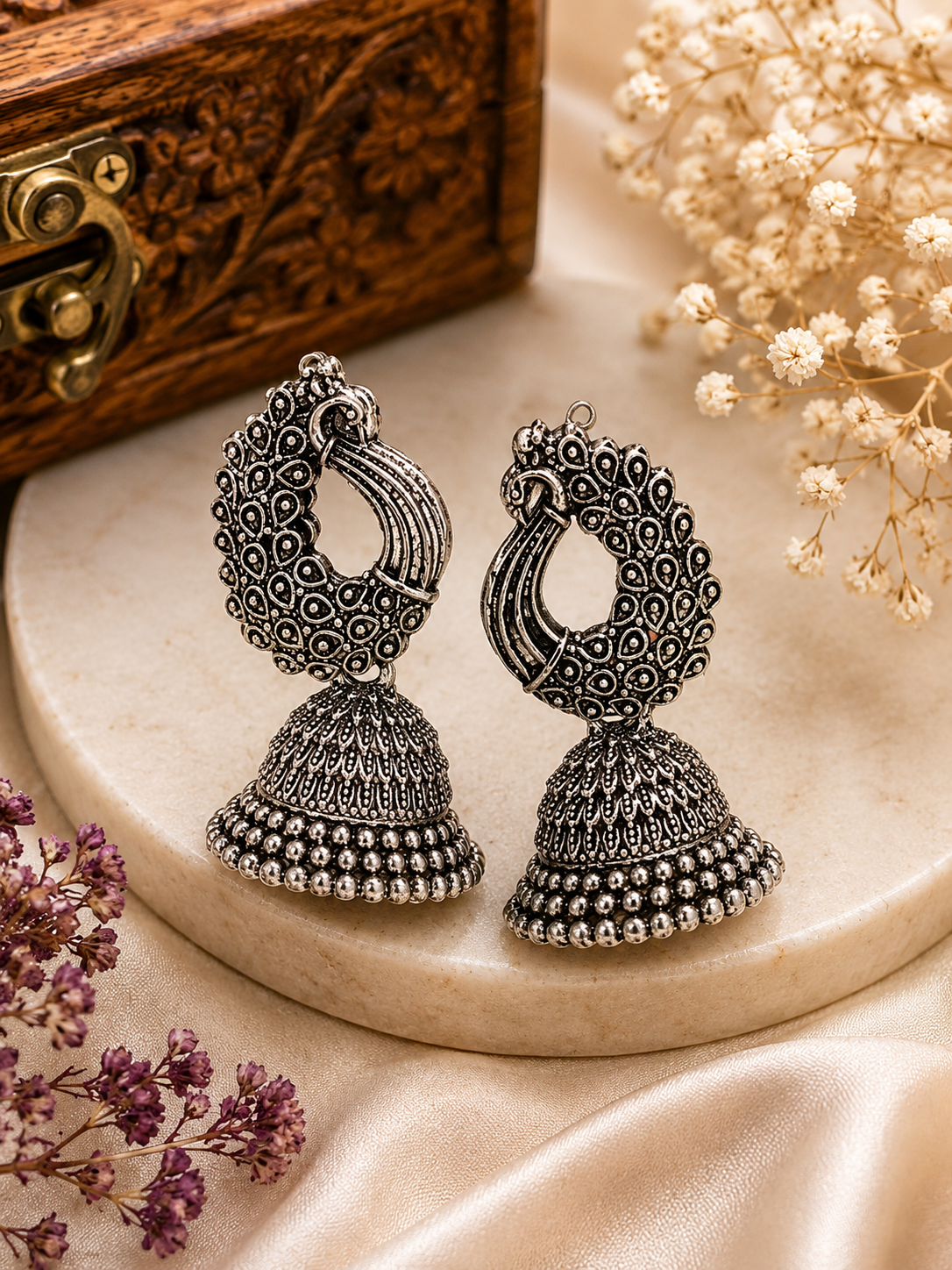 Oxidised Silver Peacock Feather Jhumka Earrings for Women | Traditional Ethnic Statement Earrings