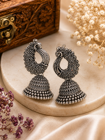 Oxidised Silver Peacock Feather Jhumka Earrings for Women | Traditional Ethnic Statement Earrings