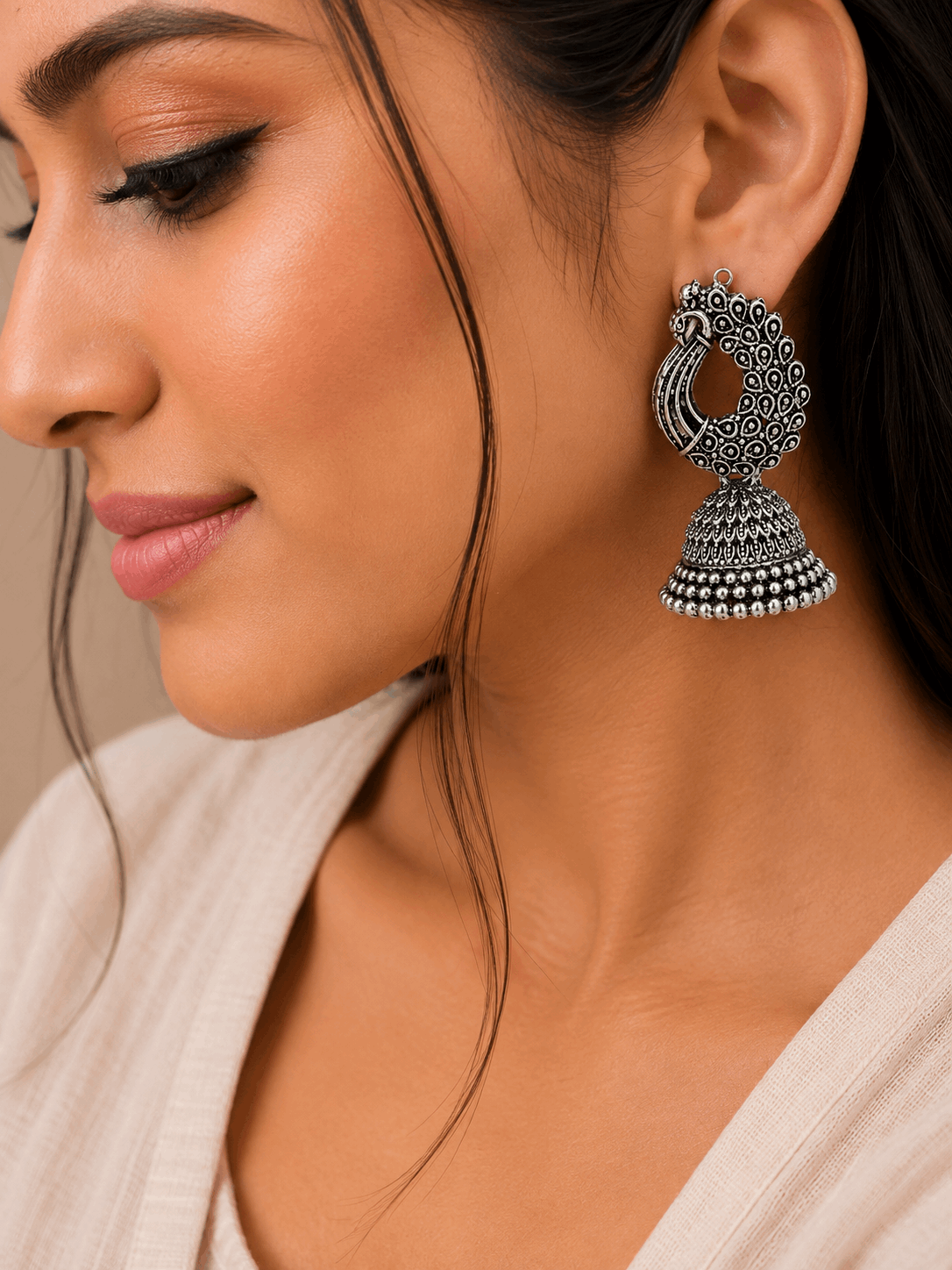 Oxidised Silver Peacock Feather Jhumka Earrings for Women | Traditional Ethnic Statement Earrings