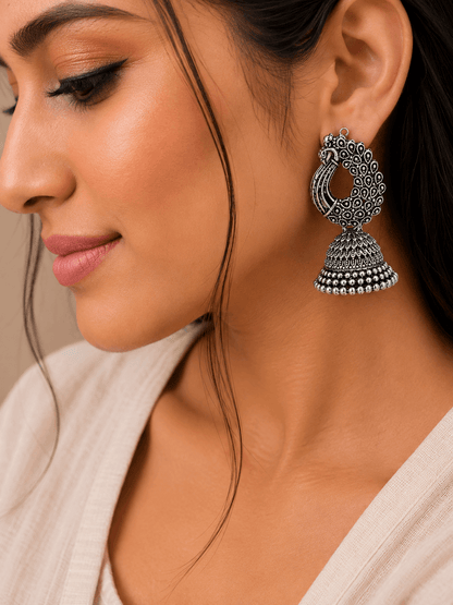 Oxidised Silver Peacock Feather Jhumka Earrings for Women | Traditional Ethnic Statement Earrings