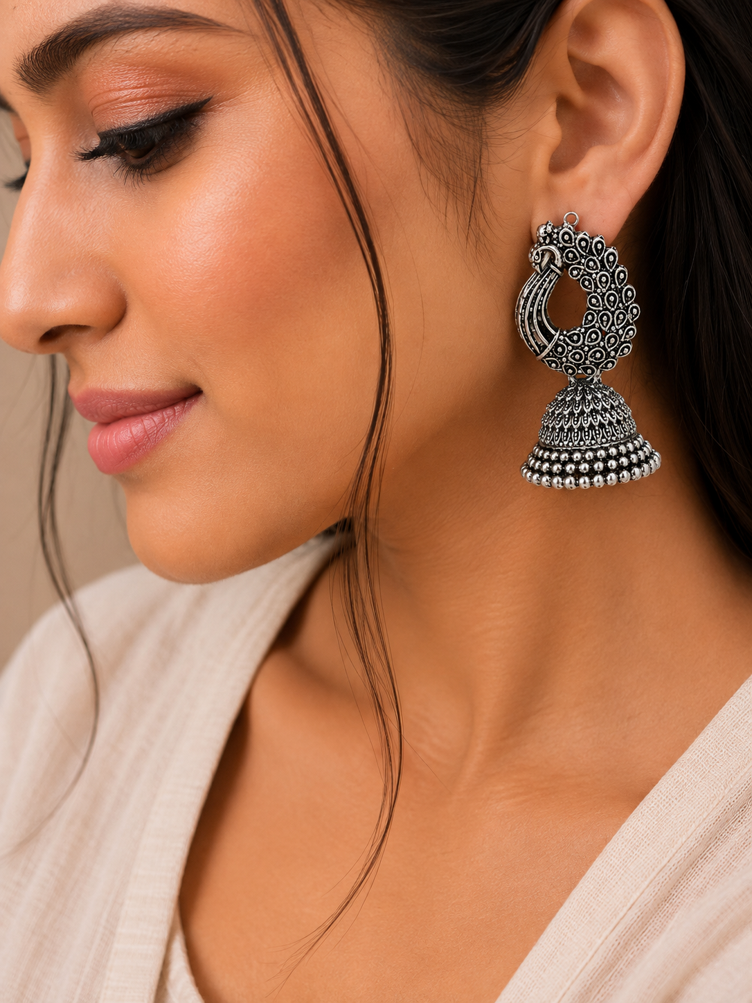 Oxidised Silver Peacock Feather Jhumka Earrings for Women | Traditional Ethnic Statement Earrings