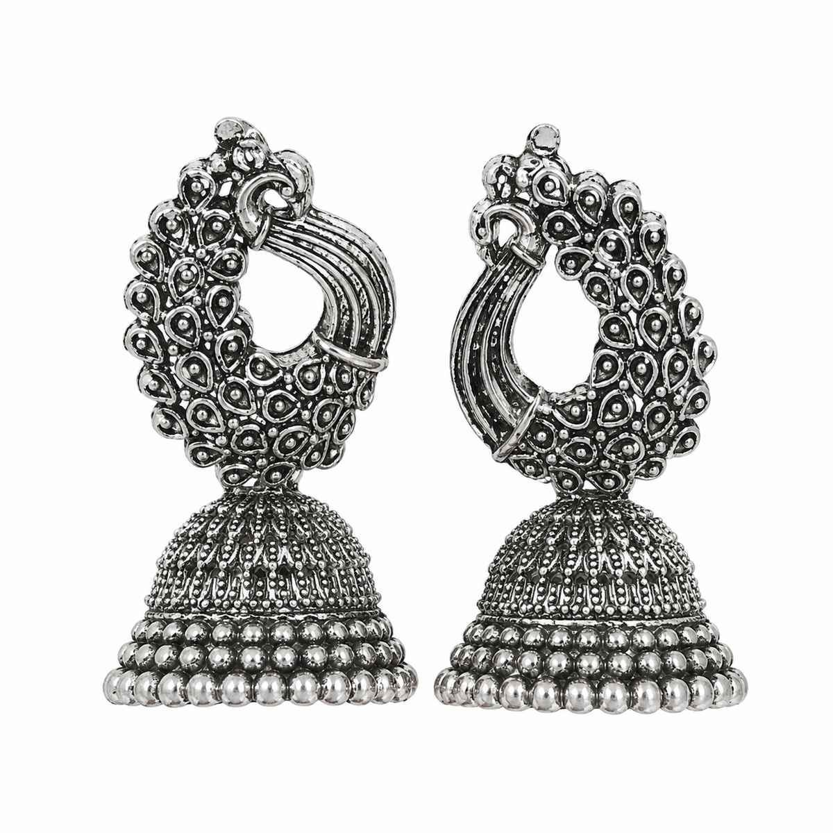 Oxidised Silver Peacock Feather Jhumka Earrings for Women | Traditional Ethnic Statement Earrings